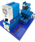 IntXanth All-Metal Mini Wood Lathe Machine Spinning At 20000Rpm For Precision Hobbyist Carving Side view of blue mini lathe machine.