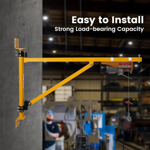 Solid Doppy Wall Mount Jib Crane Heavy Duty Hoist Bracket with yellow carbon steel frame, 180-degree swivel, installed in workshop.
