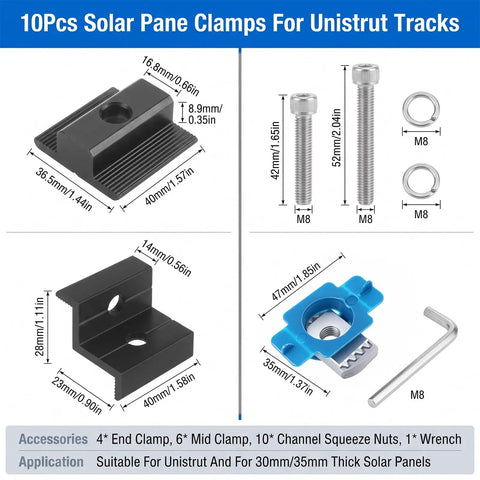 Top Shelf Black Solar Panel Clamps And End Mount Hardware Kit Compatible With Standard Unistrut Rails Featuring Pre Assembled Channel Nuts And A Hex Wrench For A No Fuss Diy Install, showing dimensions and components.