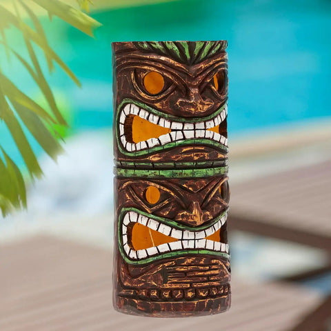 Solar Tiki Statue Outdoor Decor For Garden And Yard Large 10 Inch Tiki Totem Pole With Solar Powered Warm Glow Lights