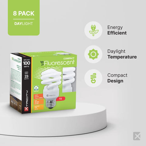 Packaging of Compact CFL Light Bulbs T2 Spiral 23W 1520 Lumens Daylight 5000K E26 Base UL Listed 120V 8 Pack on display
