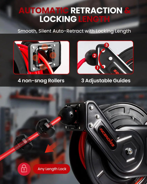 Automated auto-rewind feature with non-snag rollers on Hardcore Workhorse Retractable Air Hose Reel runs 50 ft of hybrid polymer tubing.