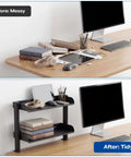 Before and after desk with 2-Tier Clamp-On Desk Shelf Carbon Steel Space-Saving Desktop Organizer for Office, Study, and Gaming Rooms