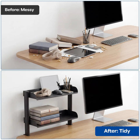 Before and after desk with 2-Tier Clamp-On Desk Shelf Carbon Steel Space-Saving Desktop Organizer for Office, Study, and Gaming Rooms