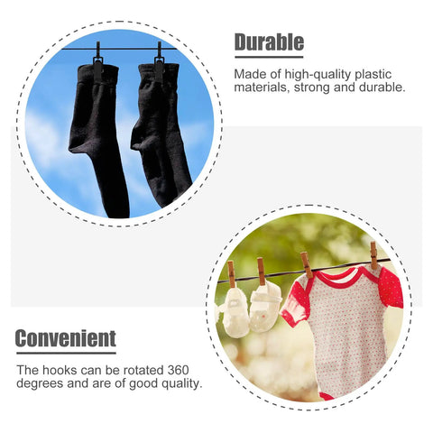 Rotatable Plastic Curtain Clips With Swivel Hooks, 10 Pack holding socks and baby clothes, showcasing durability and convenience for smooth glide.