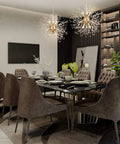 Gold Modern Dandelion Chandelier Pendant Light Fixtures Dope Nine Light Firework Crystal Semi Flush Mount Ceiling Light For Dining Room G9 Sockets Bulbs Not Included Sparkling Contemporary Gold Decor illuminating a dining room with dark chairs and a large table.