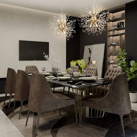 Gold Modern Dandelion Chandelier Pendant Light Fixtures Dope Nine Light Firework Crystal Semi Flush Mount Ceiling Light For Dining Room G9 Sockets Bulbs Not Included Sparkling Contemporary Gold Decor illuminating a dining room with dark chairs and a large table.