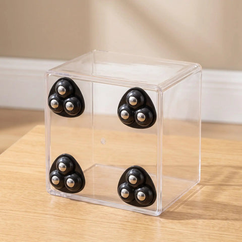 Clear storage container with 12pcs Ball Swivel Caster Wheels for Furniture and Dressers, Black, showing wheel details.