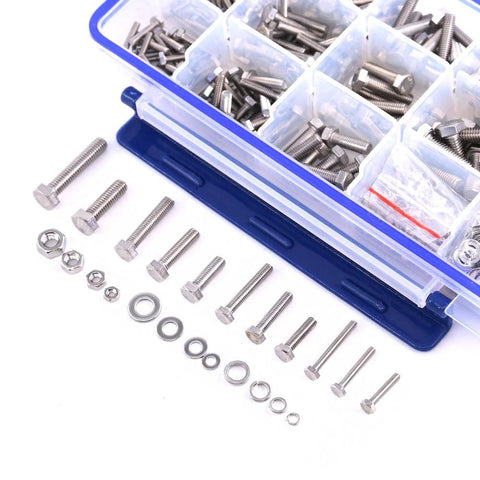 Top-down view of blue plastic storage case containing 665-piece stainless steel hex bolts, nuts, washers and gaskets.