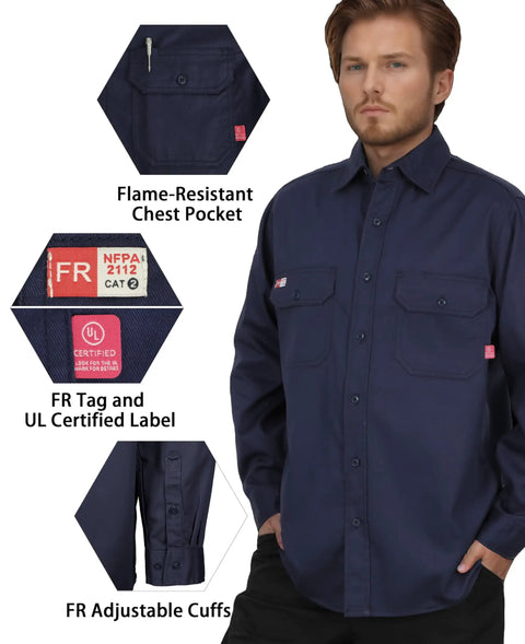 Light Weight Flame Resistant Shirt For Men CAT2 6.5oz Navy Fire Retardant Welding Shirt NFPA2112 Certified with features