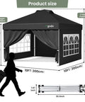 10x10 Pop Up Canopy Tent With Four Sidewalls One Push Setup Quick Shade for Events Parties Camping and Beach Days, black with wheelbag, showing dimensions and height positions.