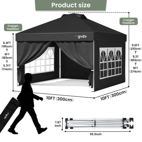 10x10 Pop Up Canopy Tent With Four Sidewalls One Push Setup Quick Shade for Events Parties Camping and Beach Days, black with wheelbag, showing dimensions and height positions.