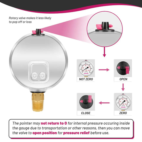 Glycerin Filled Pressure Gauge 0 to 60 Psi, Rugged Two And A Half Inch Dial, Stainless Steel Case with vent valve instructions.