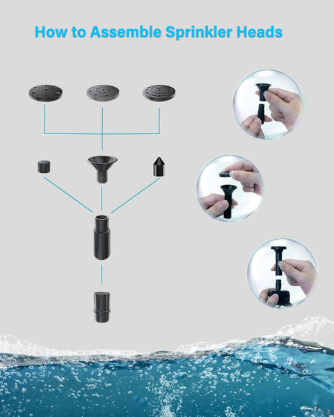 Diagram showing how to assemble sprinkler heads with components and step-by-step instructions.