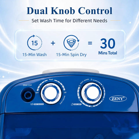 Dead Simple Semi Automatic Portable Mini Washing Machine With 8 Pound Capacity And Fast Spin Cycle control knobs for wash and spin settings.