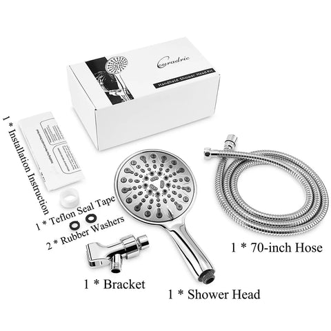 Handheld Shower Head With High Pressure And 6 Spray Settings, 6 Inch Chrome Face, packaging contents displayed on white background