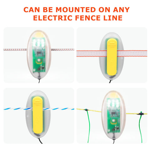 Solar Powered Fence Alarm Light With Pulse Indicator on electric fence tape and wire, oval clip-on unit shown front and back