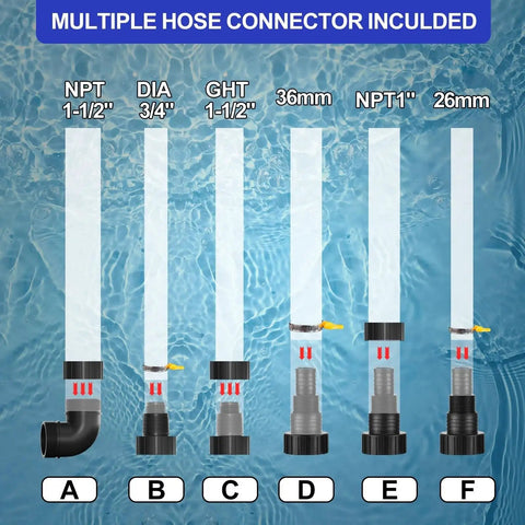 Multiple hose connectors for 1HP Submersible Water Pump Featuring A Tough As Nails Motor And Effortless Gear Tech to haul 4500 GPH.