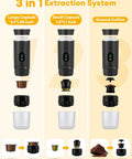 3 in 1 extraction system for portable espresso machine showing large and small capsules and ground coffee options.