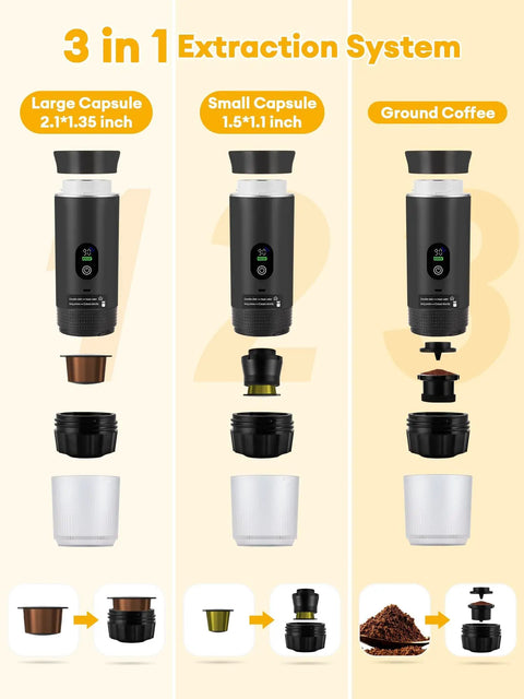 3 in 1 extraction system for portable espresso machine showing large and small capsules and ground coffee options.