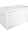 Front view of XXL 230 Gallon Deck Storage Box Outdoor Patio Container With Lockable Lid And Piston Opening White Wood Look Panels
