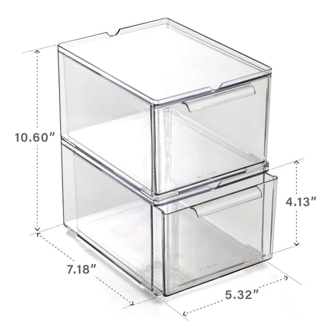 Clear Stackable Storage Drawers Medium Two Pack With Built In Handles Durable Plastic Organizer For Kitchen Bathroom And Office Modular Acrylic Drawer System, side view showing dimensions.