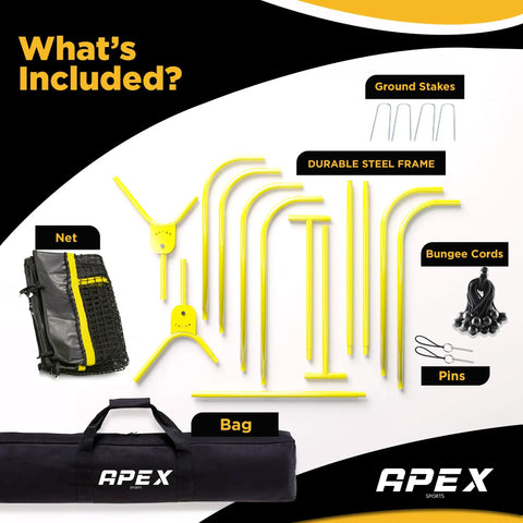 Parts of Lacrosse And Volleyball Rebounder Net 4x7 Feet With Adjustable Five Angles including steel frame, net, bag, stakes, bungee cords.