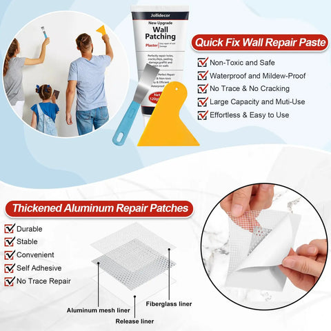 2 Pack Drywall Repair Kit with Quick Dry Spackle for Patching Holes and Cracks, includes 120g plaster and tools shown