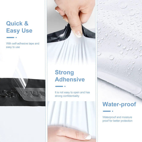 White Poly Mailers 14.5 By 19 Inches, 100 Pack Self Seal Shipping Envelopes showing adhesive strip and waterproof feature