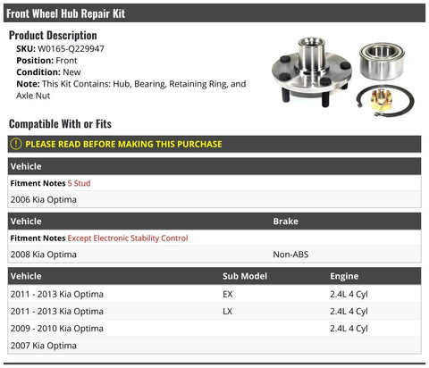 Front Wheel Bearing Hub Repair Kit For 5-Lug 2006-2013 Kia Optima 2.4L 4-Cylinder Includes Hub Bearing Retaining Ring And Axle Nut