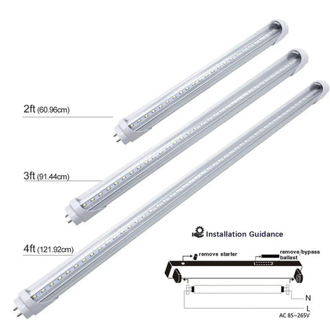 2Ft LED T8 Tube Ballast Bypass Daylight 5000K Dual End Lighting 1000 Lumens 10W 24W Fluorescent Replacement Clear Cover AC 85 265V Energy Saving For Garage Basement Workbench 4 Pack, shown in different lengths with installation guidance.