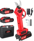 Cordless Electric Pruning Shears With Upgraded 450W Brushless Motor, two dual rechargeable batteries and a carry case.