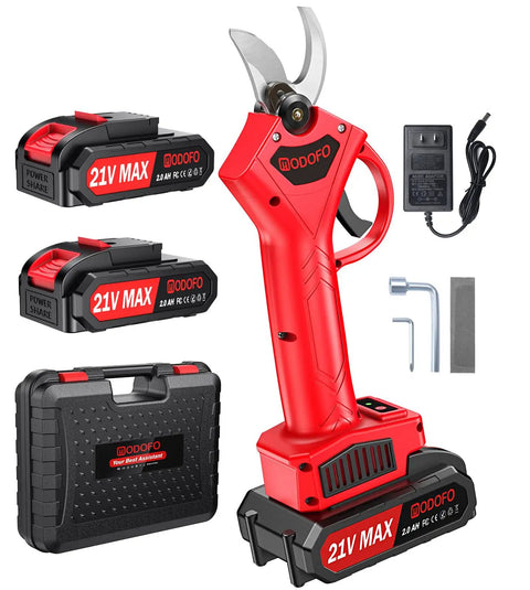 Cordless Electric Pruning Shears With Upgraded 450W Brushless Motor, two dual rechargeable batteries and a carry case.