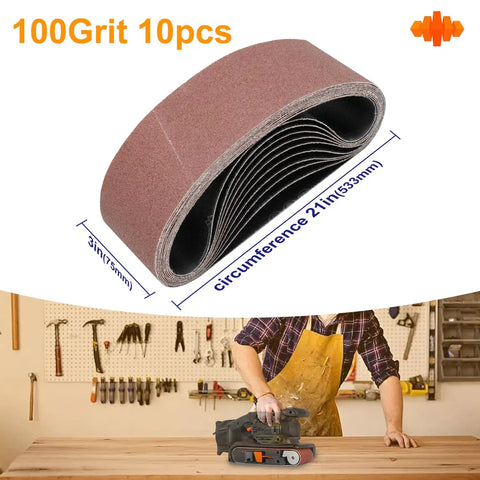Workhorse Grade 3 X 21 Belt Sander Sanding Belts 100 Grit Aluminum Oxide Abrasive Strips For Quick Wood Smoothing And Fast Metal Grinding Tough As Nails Ten Pack, showing 3x21 inch belt.