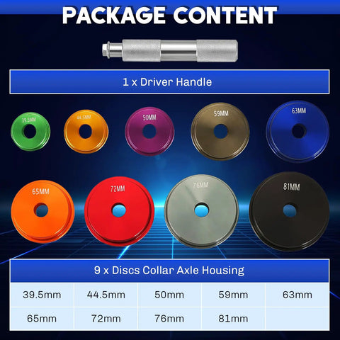 10 Piece Bearing Press Kit For Races And Seals With Driver Handle And 9 Discs, Universal Axle Housing Collar Tool Overview