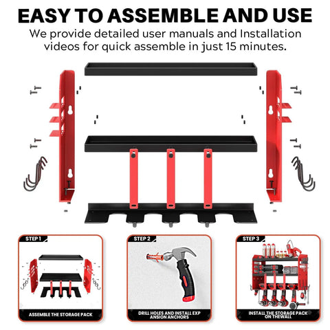 Heavy Duty Drill Tool Organizer Wall Mount With 120Lb Load Capacity, 3 Tier Storage Rack And 4 Drill Holders assembly guide