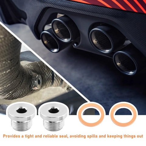 M18x1.5 Exhaust Sensor Bung Plug With Inner Hex Head And Brass O Ring, Straight Bulletproof Stainless Steel Sealing Kit shown with exhaust pipes.