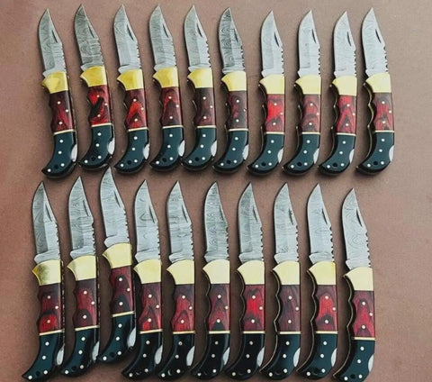 Handmade Folding Knife Set With Wood Handles, Collectible Wholesale Lot Of 20, Damascus Style Steel Blades, Displayed Row by Row