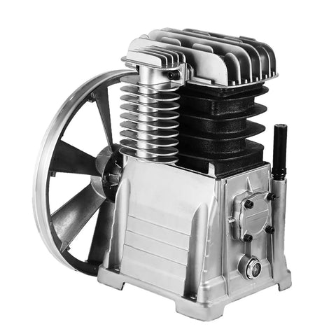 Heavy Duty 3HP Air Compressor Pump Featuring Twin Cylinder Aluminum Head showcasing a silver and black twin-cylinder design.