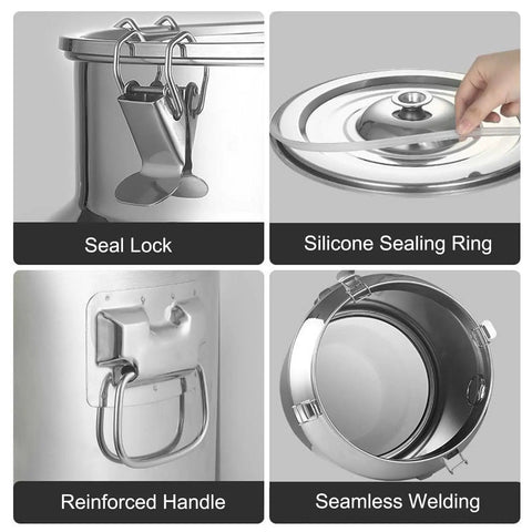 Heavy Duty 304 Stainless Steel Storage Totes With Lock Tight Lids showcasing seal lock, silicone ring, reinforced handle, and seamless welding.