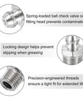 Close-up of fittings from 490-Piece Galvanized Steel Grease Fitting Kit with locking and check valve features.