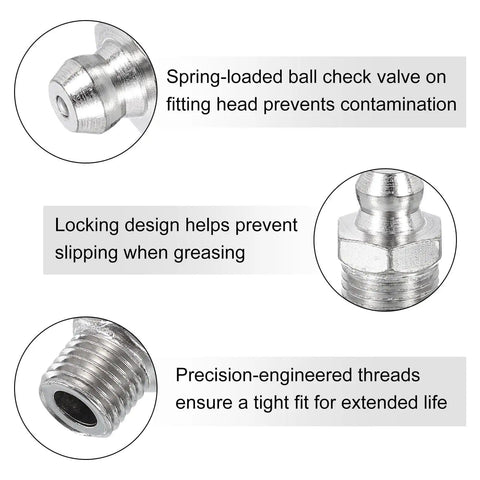 Close-up of fittings from 490-Piece Galvanized Steel Grease Fitting Kit with locking and check valve features.
