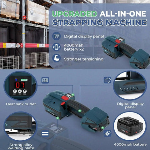 Heavy Duty Electric Strapping Tool With Portable Battery Powered Packaging Machine And Lcd Screen Featuring 4000Mah Capacity on a shelf.