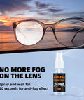 Front view of brown-framed eyeglasses with a 30ml Anti-Fog Glasses Cleaner spray bottle on a blue background