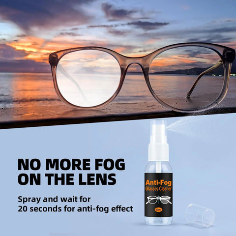 Front view of brown-framed eyeglasses with a 30ml Anti-Fog Glasses Cleaner spray bottle on a blue background