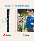 Before and after using Expandable Garden Hose Repair Kit With Quick Fix Guide That Saves You Cash on a leaking garden hose with connectors.