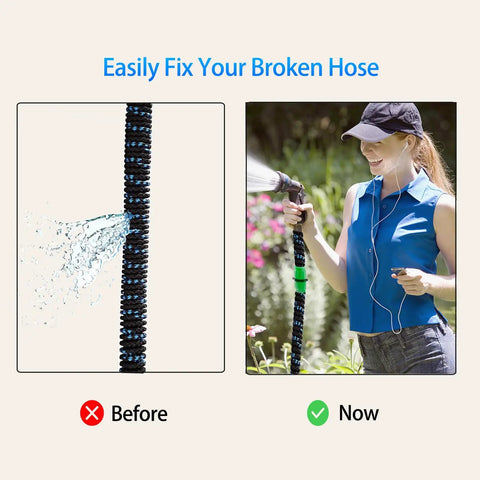 Before and after using Expandable Garden Hose Repair Kit With Quick Fix Guide That Saves You Cash on a leaking garden hose with connectors.