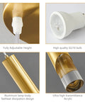Gold Modern Mini Pendant Lights 3 Pack features GU10 LED bulb, adjustable gold metal rods, clear acrylic shade, and sleek finish.