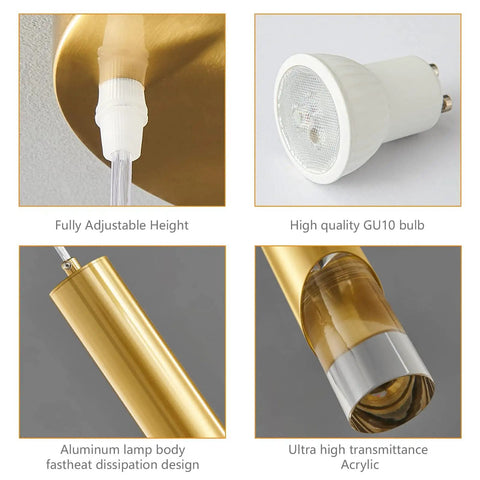 Gold Modern Mini Pendant Lights 3 Pack features GU10 LED bulb, adjustable gold metal rods, clear acrylic shade, and sleek finish.