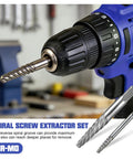 26 Piece Damaged Screw And Bolt Extractor Set with left hand cobalt drill bits, installed in drill, for removing rusted bolts.